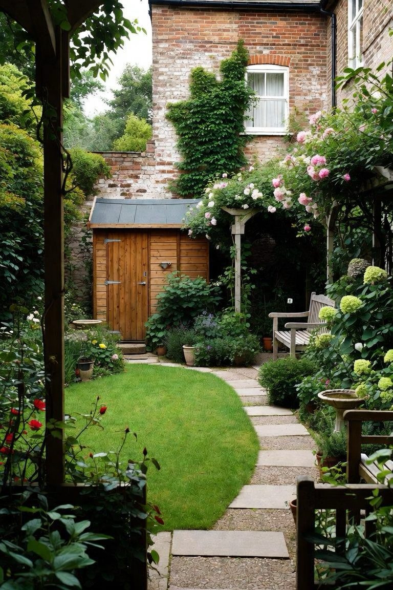 A sunlit garden with a happy dog on the lawn